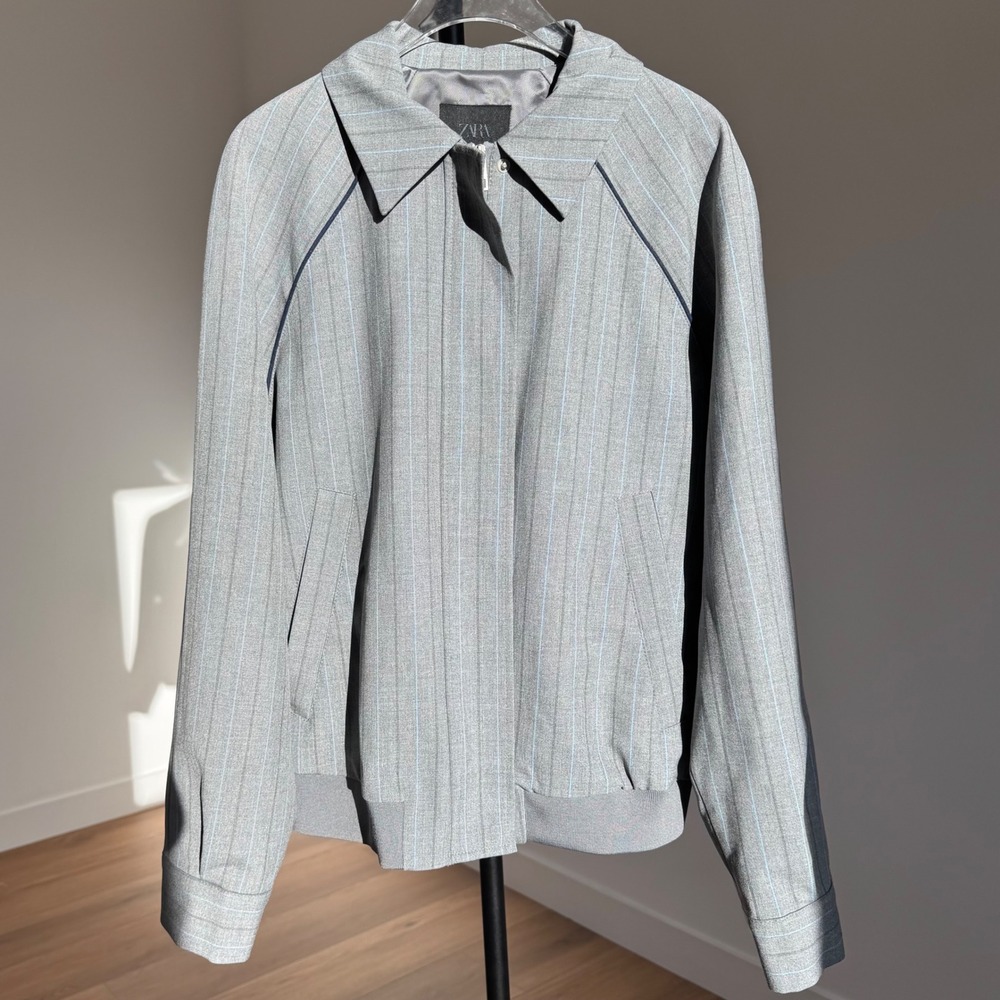 Zara Pinstripe Bomber Jacket‎ Full Zip Collared Gray Blue Trim size M